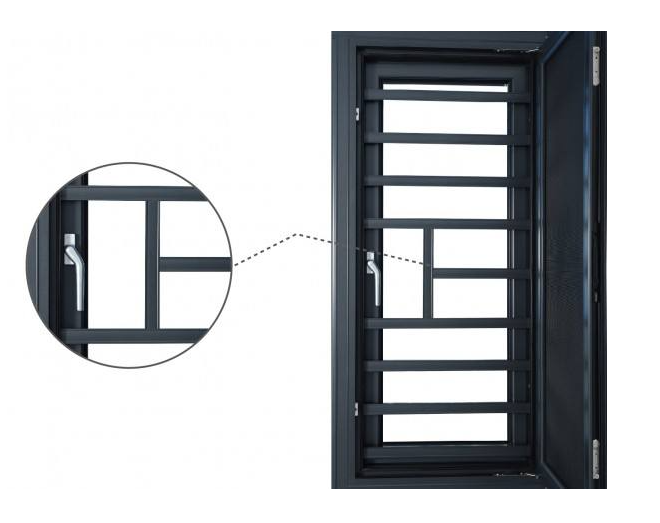 如果是外开窗,一般用到下图这种带执手洞结构的防护格栅防护格栅是一