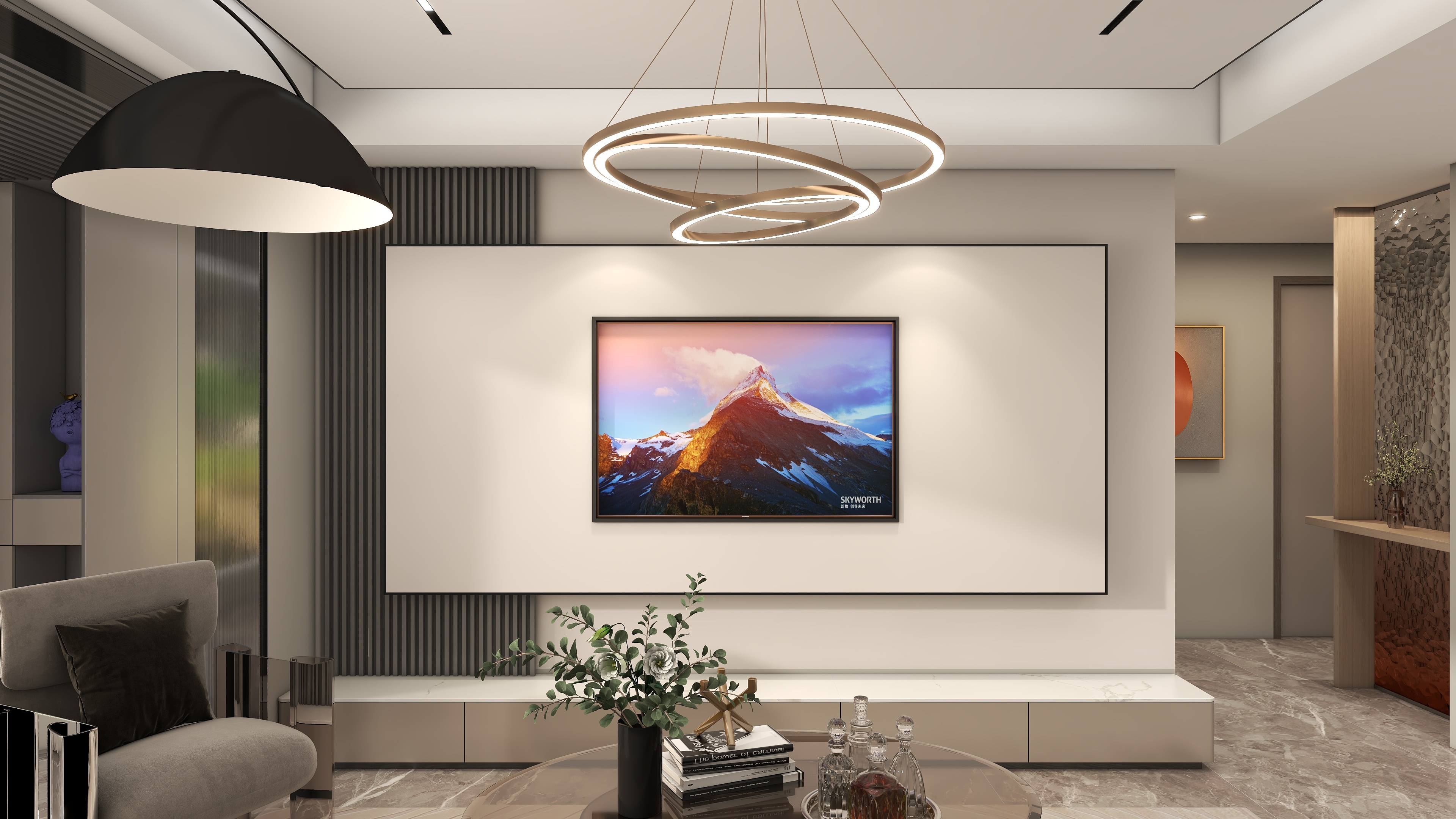 现代美式混搭中式客厅电视墙效果图_装修图片-保障网装修效果图