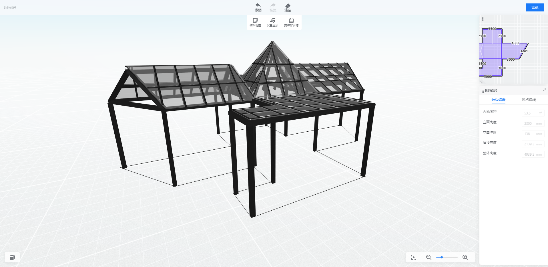 6,点击右上角完成,生成阳光房框架和顶面,然后就可以继续绘制每个立面